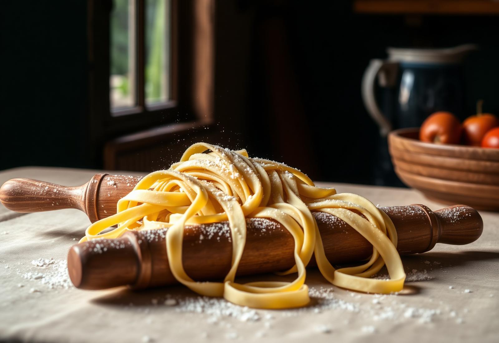 Fettuccine fresco hecho a mano sobre un rodillo enharinado